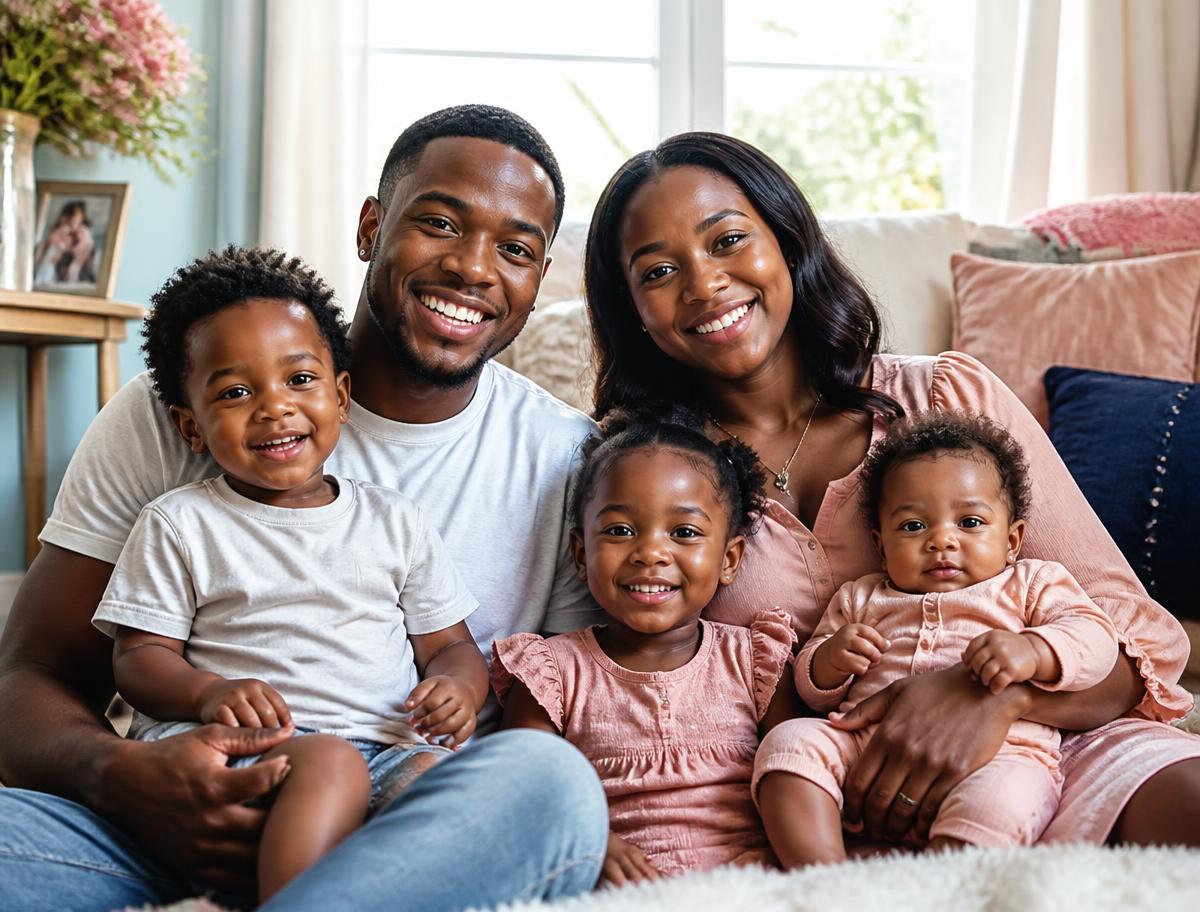 A young Black couple sitting on their living room couch with their three young children, smiling together