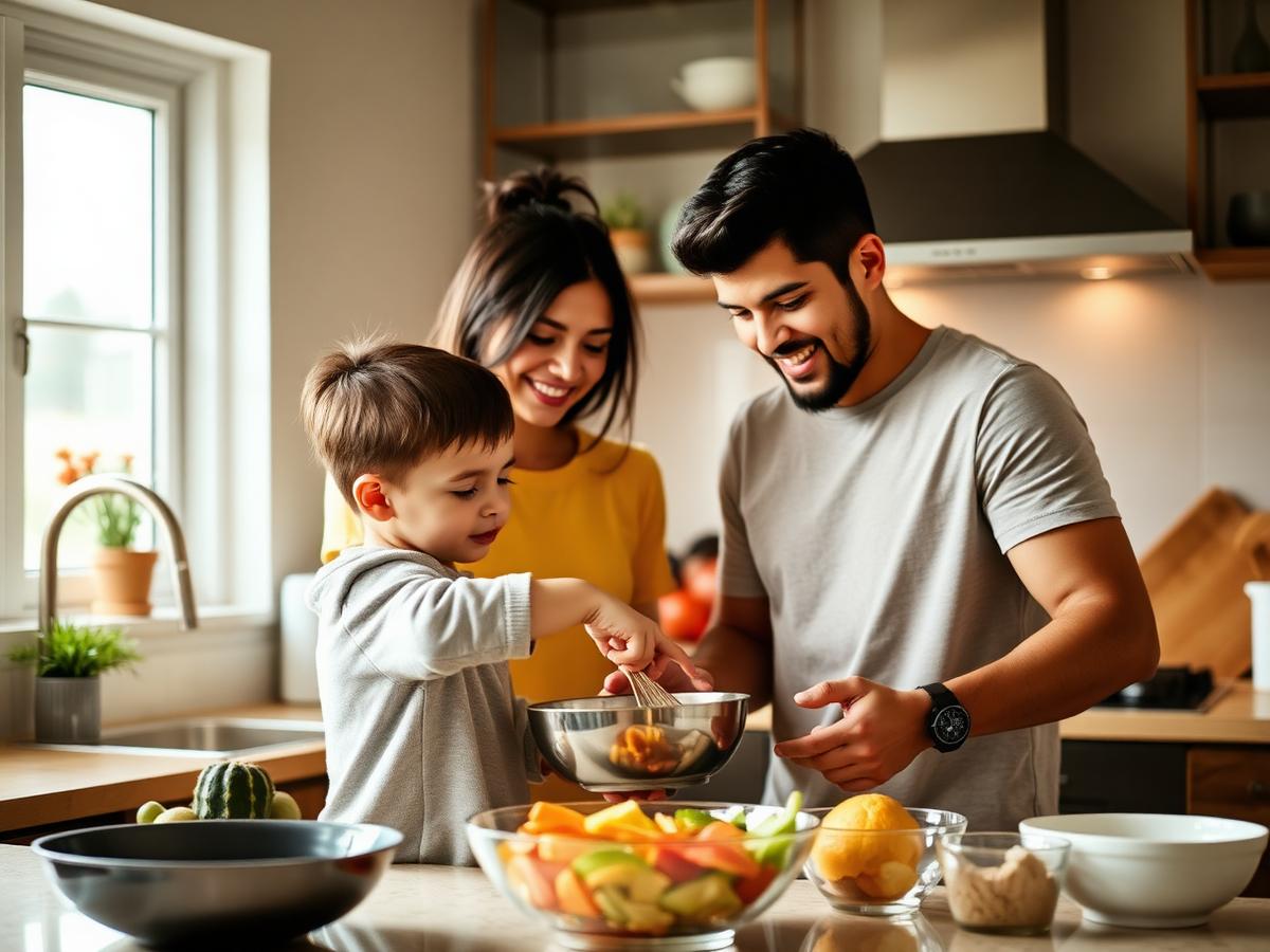 A young family cooking dinner together in a bright kitchen while their son helps stir a bowl