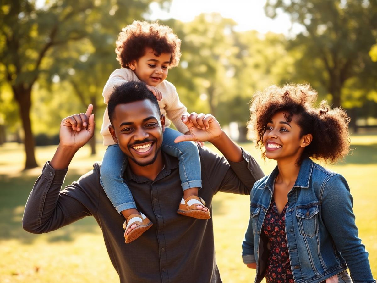 A young father carrying his toddler on his shoulders in a sunny park while a mother laughs alongside them