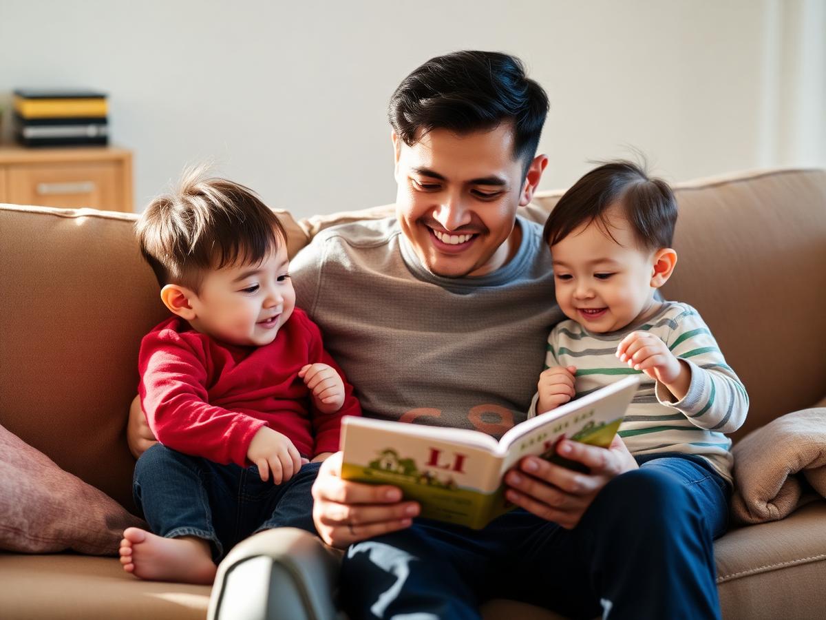 A young father reading a picture book with his two small children on the couch
