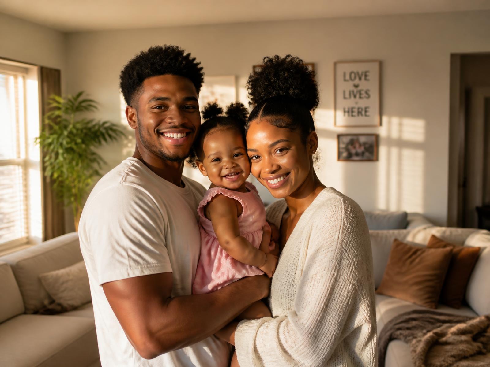 A young married couple smiling together at home while holding their toddler daughter