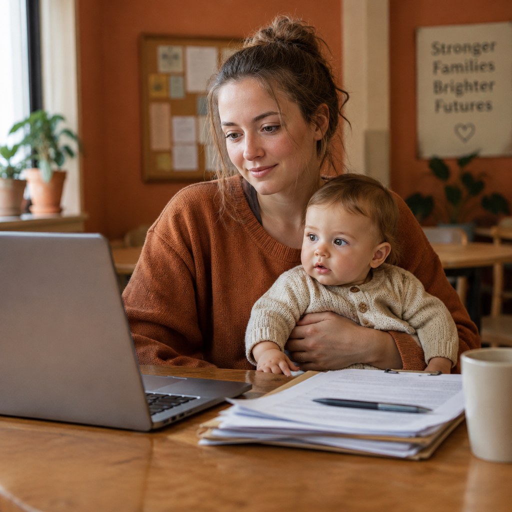 A P.A.L.S. team member reviewing paperwork alongside a young mother holding her baby