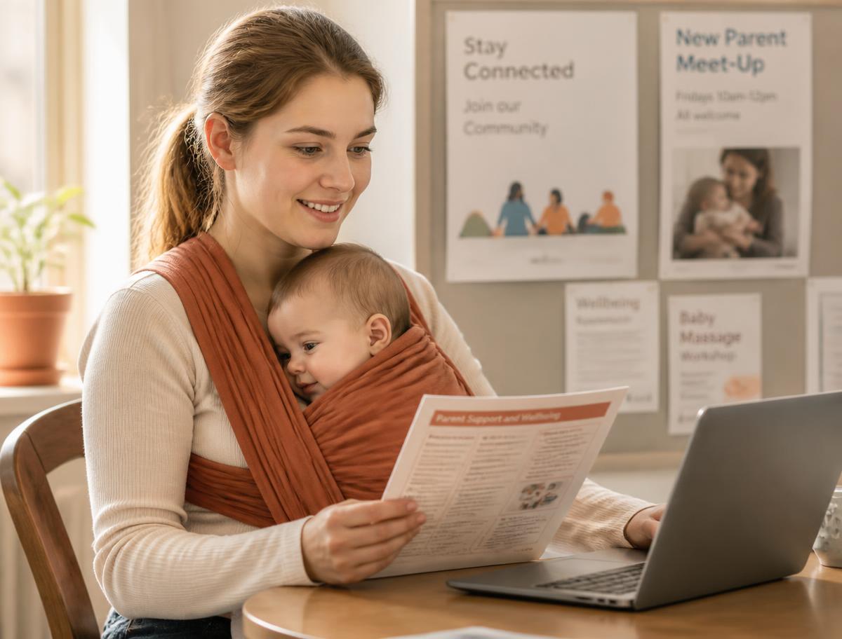 A P.A.L.S. team member reviewing paperwork alongside a young mother holding her baby